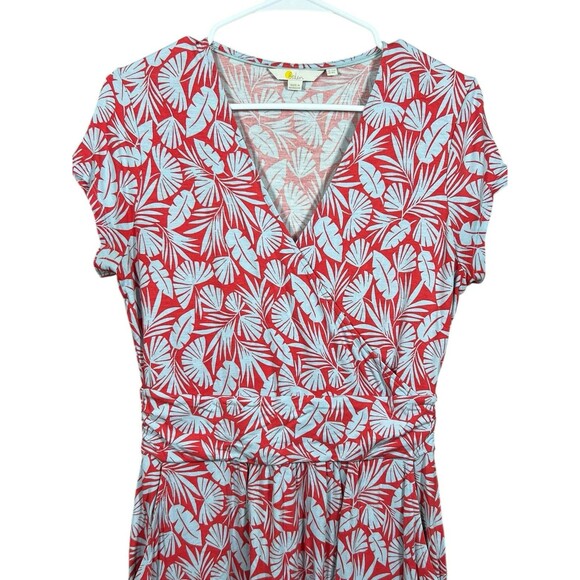 Boden Lola Jersey Swing Dress Short Sleeve V-Neck Red Palm Tropical‎ Women's 8R - Picture 2 of 10